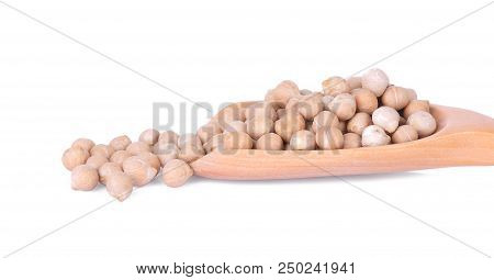 Close-up Uncooked Chickpeas In Wooden Spoon On White Background