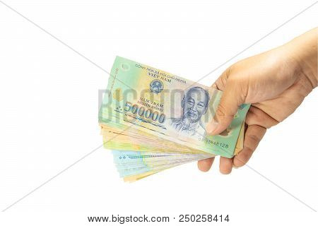 Clipping Path Money In Vietnam On Left Hand (socialist Republic Of Vietnam), Dong, Vnd, Pay, Exchang