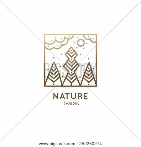 Vector Logo Of Nature. Linear Square Icon Of Landscape With Trees, Clouds, Sun - Business Emblems, B