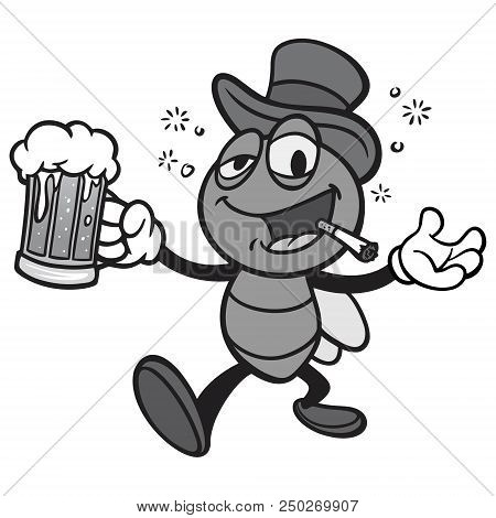 Black And White Bar Fly With Beer - A Vector Cartoon Illustration Of A Bar Fly With Beer.