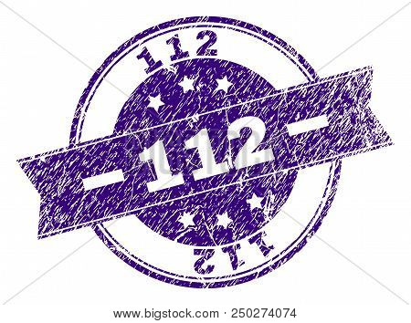 112 Stamp Seal Watermark With Grunge Style. Designed With Ribbon And Circles. Violet Vector Rubber P