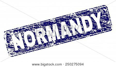 Normandy Stamp Seal Print With Distress Style. Seal Shape Is A Rounded Rectangle With Frame. Blue Ve