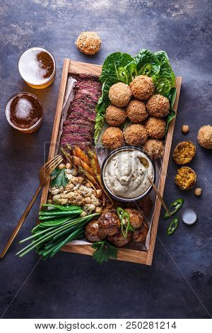 Middle Eastern Party Food: Falafel, Babaghanoush, Potatoes Beef Green Veggies