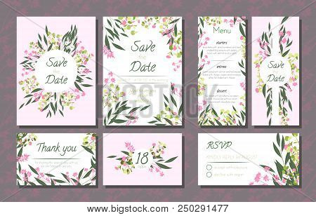 Floral Wedding Invitation With Vector Eucalyptus Leaves, Forest Herbs, Elegant Decorative Flowers. V