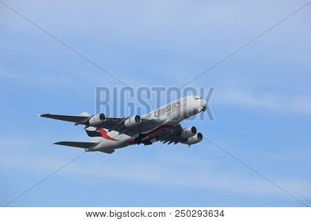 Amsterdam The Netherlands - March 4th, 2018: A6-edu Emirates Airbus A380-800 Takeoff From Aalsmeerba