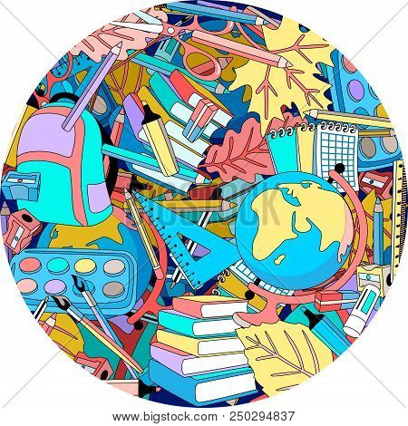 Back To School Round Multicoloured Background With School Supplies