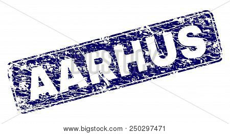Aarhus Stamp Seal Print With Grunge Texture. Seal Shape Is A Rounded Rectangle With Frame. Blue Vect