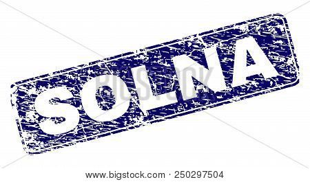 Solna Stamp Seal Imprint With Grunge Texture. Seal Shape Is A Rounded Rectangle With Frame. Blue Vec