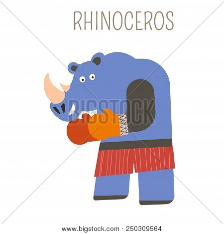 Rhinoceros In Boxing Gloves And Shorts Cartoon Childish Character For Books And Fairy Tales. Wild An