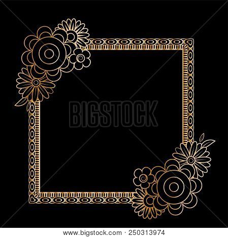 Golden Floral Frame Template. Flowers And Plants Squarer Frame. Design Element With Space For Your T