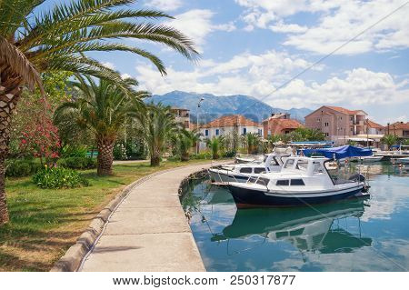 Picturesque Mediterranean Town Embankment With View Of  Fishing Boats In Harbor. Montenegro, Tivat C
