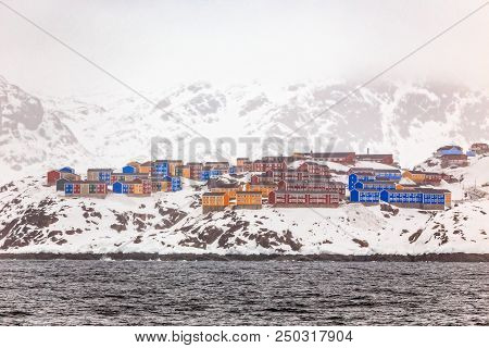 Colorful Houses Of Sisimiut, On The Rocks And Snow, Greenland