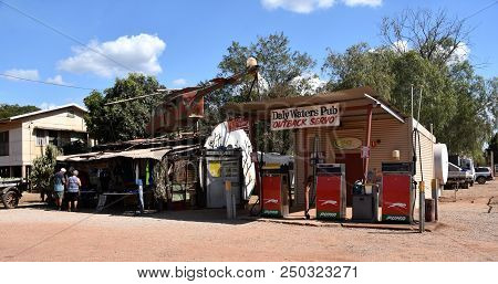 Daly Waters, Australia - Jun 13, 2018. Outback Servo Petrol Station And Souvenir Shack With Helicopt