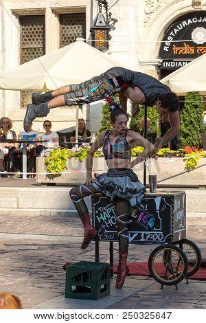 Cracow, Poland - July 5, 2018: Performance Of The Happy Hour Show Performed By Duo Looky From Israel