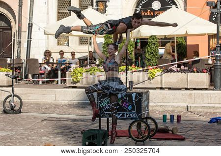 Cracow, Poland - July 5, 2018: Performance Of The Happy Hour Show Performed By Duo Looky From Israel