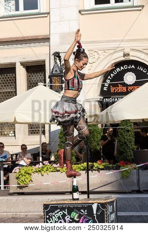 Cracow, Poland - July 5, 2018: Performance Of The Happy Hour Show Performed By Duo Looky From Israel