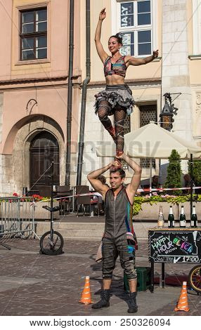 Cracow, Poland - July 5, 2018: Performance Of The Happy Hour Show Performed By Duo Looky From Israel