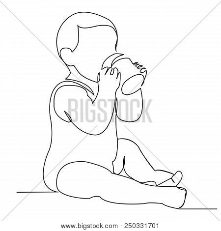 Continuous Single Drawn One Line Kid Drink And Drinker Drawn By Hand Picture Silhouette. Line Art. T