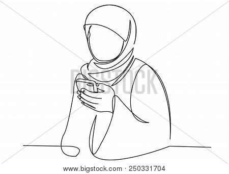 Continuous Single Drawn One Line Muslim Woman Speaks By Phone Drawn By Hand Picture Silhouette. Line