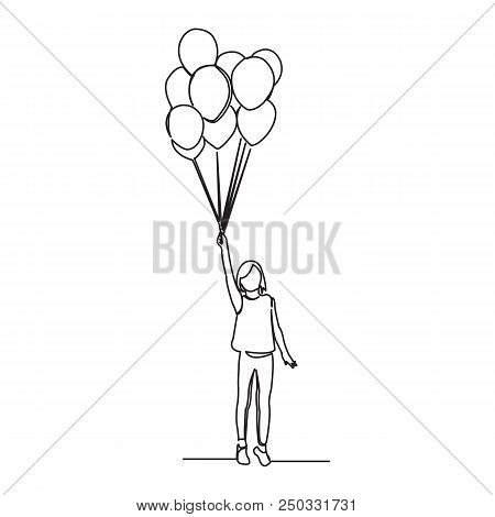 Continuous Single Drawn One Line Girl With Balloons Painted By Hand Picture Silhouette. Line Art.