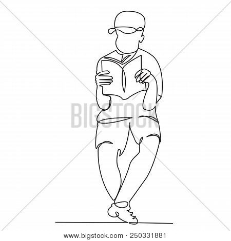Continuous Single Drawn One Line Boy Reads Book Drawn By Hand Picture Silhouette. Line Art.