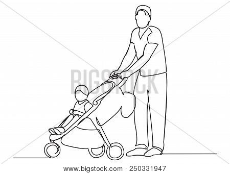 Continuous Single Drawn One Line Dad Walks With The Son In A Stroller Drawn From The Hand A Picture 