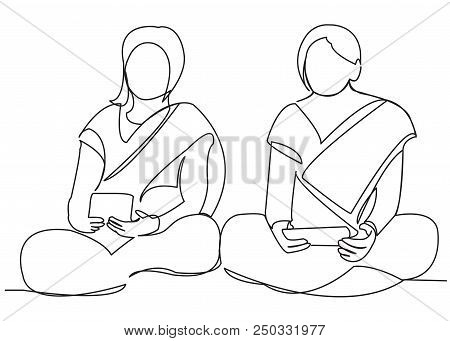 Continuous Single Drawn One Line Indian Girls Learn Hand-drawn Picture Silhouette. Line Art. Indian 