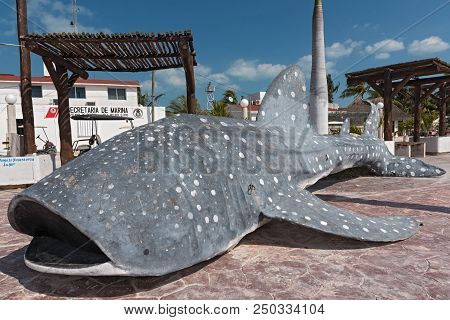 Holbox, Mexico-march 24, 2018: Gray Whale Shark Fake In The Harbor Of Holbox Island, Quintana Roo, M