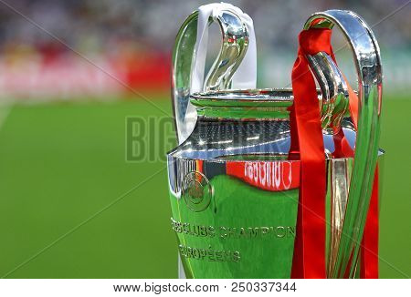 Kyiv, Ukraine - May 26, 2018: Uefa Champions Laegue Trophy (cup) Presents Before The Final Game Betw