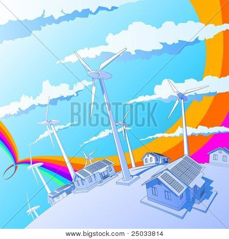 Concetto di industria: generatori di vento & case con sistemi di energia solare. Bitmap copiare il mio id vettoriale
