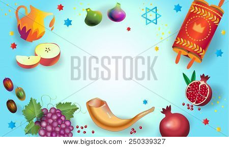 Rosh Hashanah Greeting Card Jewish New Year. `shana Tova!` On Hebrew - Traditional Symbols Oney And 