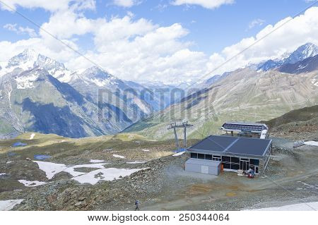 Zermatt, Switzerland. July 4 2017: Mountain Landscape, In The Pennine Alps In The Canton Of Valais
