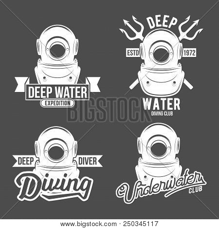 Scuba Diving Labels Set. Underwater Swimming Logos. Sea Dive, Spearfishing, Vector Illustration