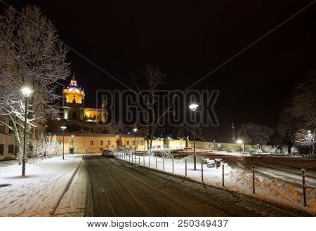 Lviv, Ukraine - December 10, 2017: St. George Cathedral (build In 1746-1762,  Beautiful Night Winter