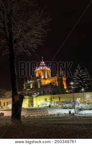 Lviv, Ukraine - December 10, 2017: St. George Cathedral (build In 1746-1762,  Beautiful Night Winter