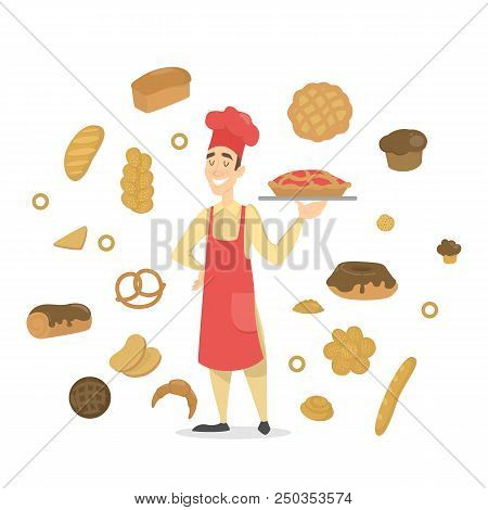 Handsome Happy Male Baker In Red Apron Standing With A Fruit Pie. Set Of Fresh Bakery Products. Brea