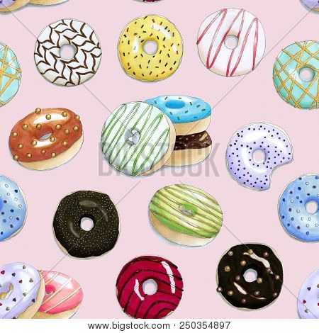 Seamless Pattern With The Hand Painted Colorful Donuts On A Pink Background. It Can Be Used For Card
