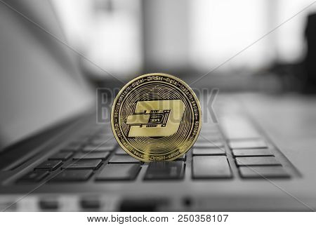Dash Coin Symbol On Laptop. Concept Financial Currency, Crypto Currency Sign. Blockchain Mining. Dig