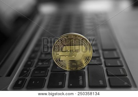 Dash Coin Symbol On Laptop. Concept Financial Currency, Crypto Currency Sign. Blockchain Mining. Dig