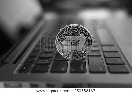 Dash Coin Symbol On Laptop. Concept Financial Currency, Crypto Currency Sign. Blockchain Mining. Dig