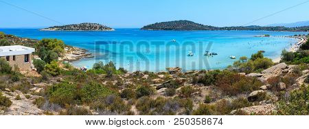 Lagonisi, Greece - July 25, 2016: Beautiful Summer Aegean Sea Coast Landscape With Lagonisi Beach, S