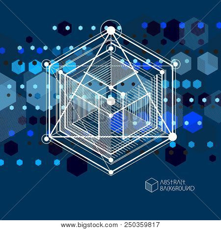 Lines And Shapes Abstract Vector Isometric 3d Blue Black Background. Abstract Scheme Of Engine Or En