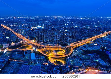 Bangkok Expressway Top View, Top View Over The Highway,expressway And Motorway At Night, Aerial View