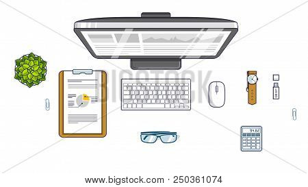 Office Employee Or Entrepreneur Work Desk Workplace With Pc Computer And Diverse Stationery Objects 