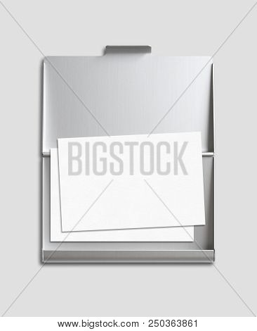 Blank Business Card And Cardholder Mockup Isolated On Grey Background
