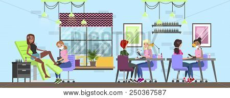 Manicure And Pedicure Salon Interior. Woman Sitting In The Chairs And Making Professional Manicure. 