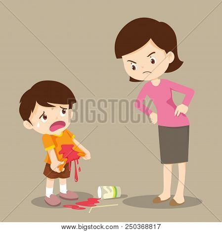 Little Boys Are Stained At The Shirt.accident Beverage Boys Stained At The Shirt And Mom Look At