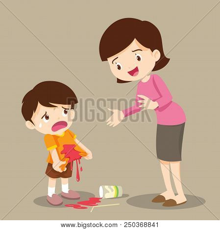Little Boy Are Stained At The Shirt.accident Beverage.boy Stained At The Shirt With Mom Forgive.