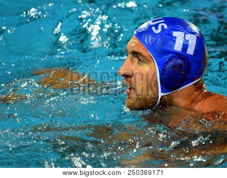 Budapest, Hungary - Jul 25, 2017. Lisunov Sergey (11) Russian Waterpolo Player, Captain Of The Team.