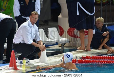 Budapest, Hungary - Jul 25, 2017. Marcz Tamas, Head Coach Of Hungary Men Waterpolo Team Talking To V